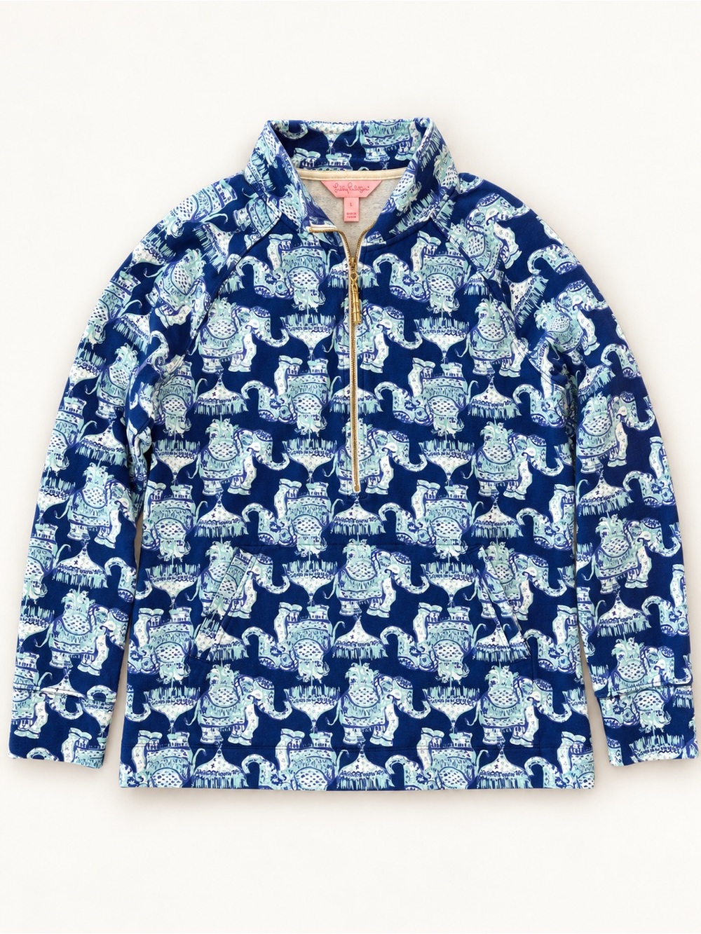 Lilly Pulitzer Navy Aqua Elephant Print Half Zip Pullover Size L